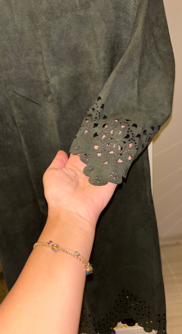 Haki Uzun Kollu Süet Kadın Ofis Elbisesi - Görsel 3