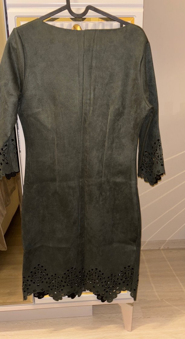 Haki Uzun Kollu Süet Kadın Ofis Elbisesi - Görsel 4