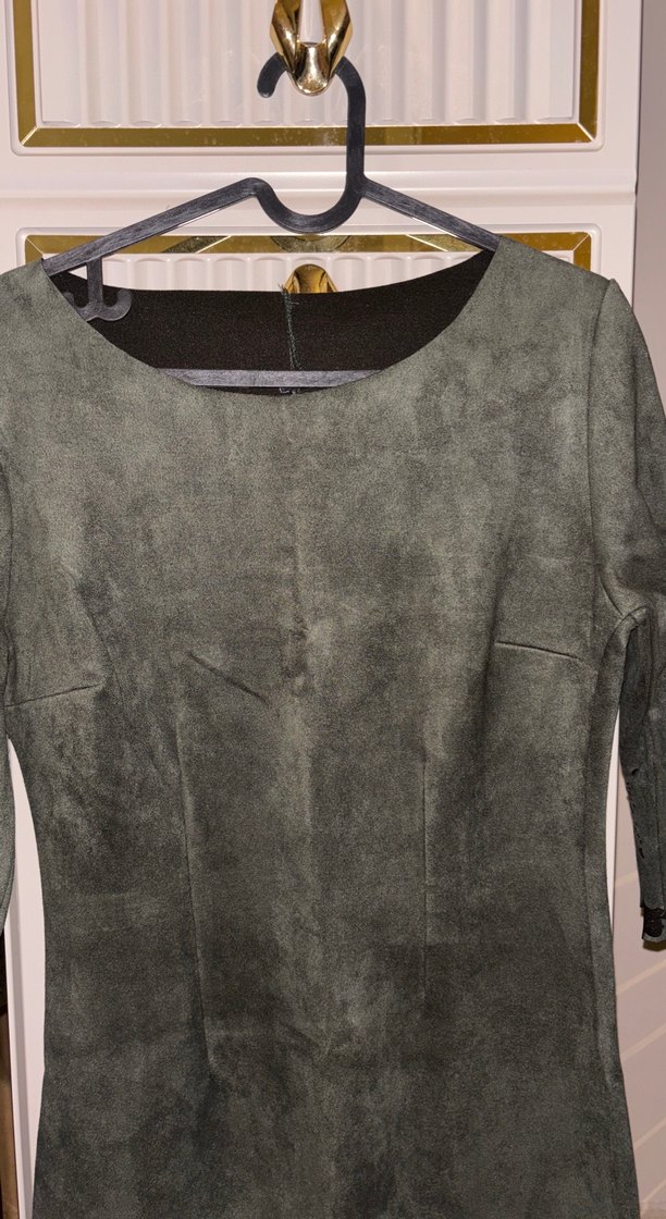 Haki Uzun Kollu Süet Kadın Ofis Elbisesi - Görsel 2