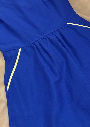 Mavi Kolsuz Dizüstü Keten Elbise - Görsel 5