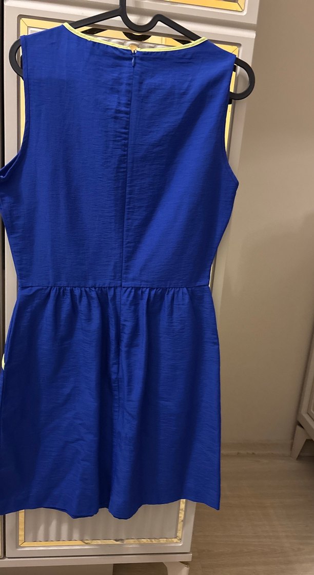 Mavi Kolsuz Dizüstü Keten Elbise - Görsel 3