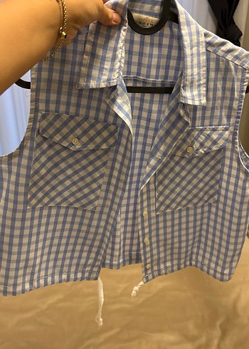 Mavi Ekose Düğmeli Kolsuz Gömlek - Görsel 4