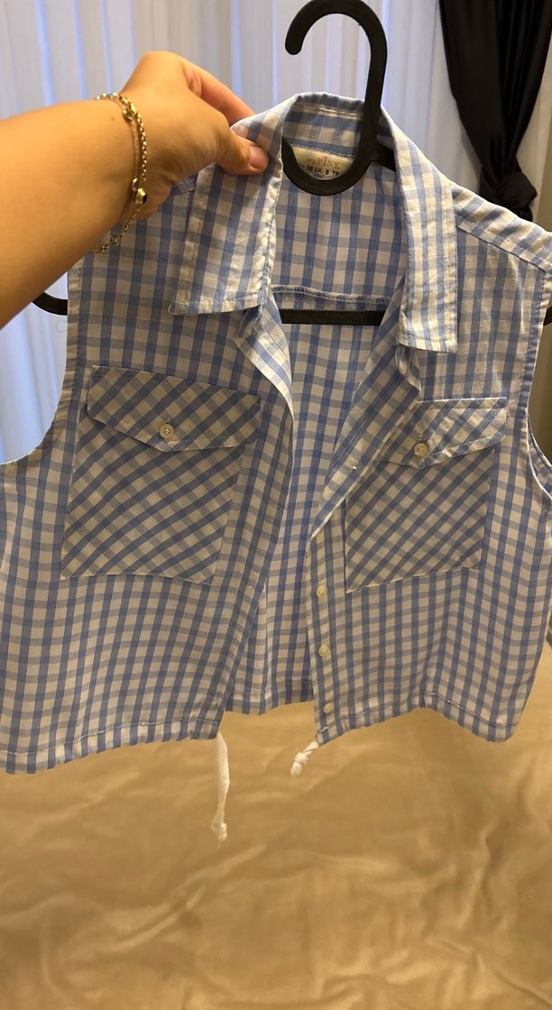 Mavi Ekose Düğmeli Kolsuz Gömlek - Görsel 4