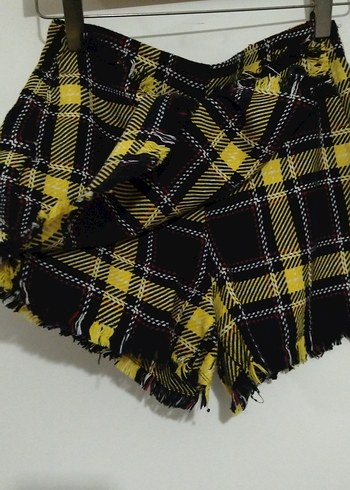 Sarı Ekose Mini Etekli şort Pilili Rahat Kesim - Görsel 2