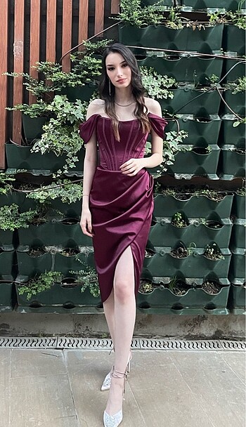 Gigiis Bordo Jasmine Saten Elbise Midi