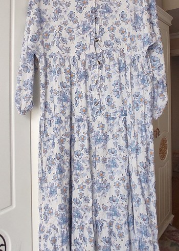 Mavi Çiçek Desenli Uzun Pamuklu Elbise - Görsel 2