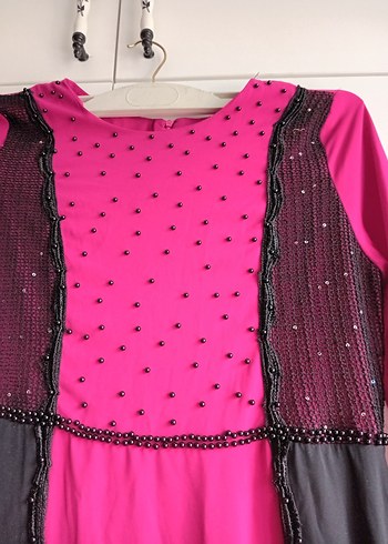42 Beden Uzun Kollu Siyah-Pembe Gotik Uzun Elbise