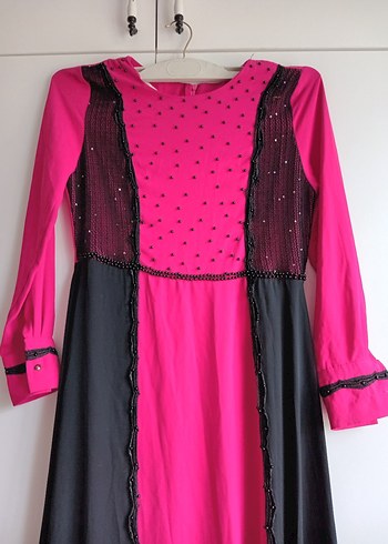 Diğer Uzun Kollu Siyah-Pembe Gotik Uzun Elbise