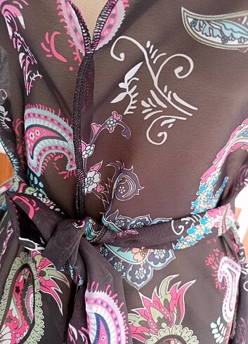 Tasarımcı Fuşya detaylı şifon kimono pareo