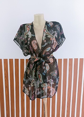 Rengarenk detaylı şifon kimono pareo 