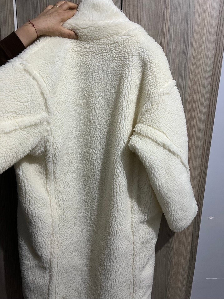 Beyaz Kürklü Midi Street Wear Kadın Ceket - Görsel 3