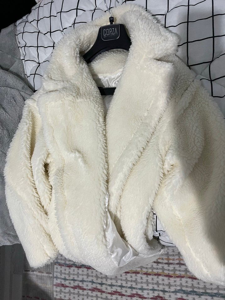 Beyaz Kürklü Midi Street Wear Kadın Ceket - Görsel 2