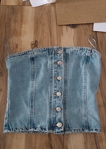 Düğmeli Mavi Denim Kadın Büstiyer