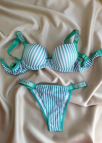 Renkli Çizgili Yeşil Sütyen ve Külot Takımı - Görsel 2