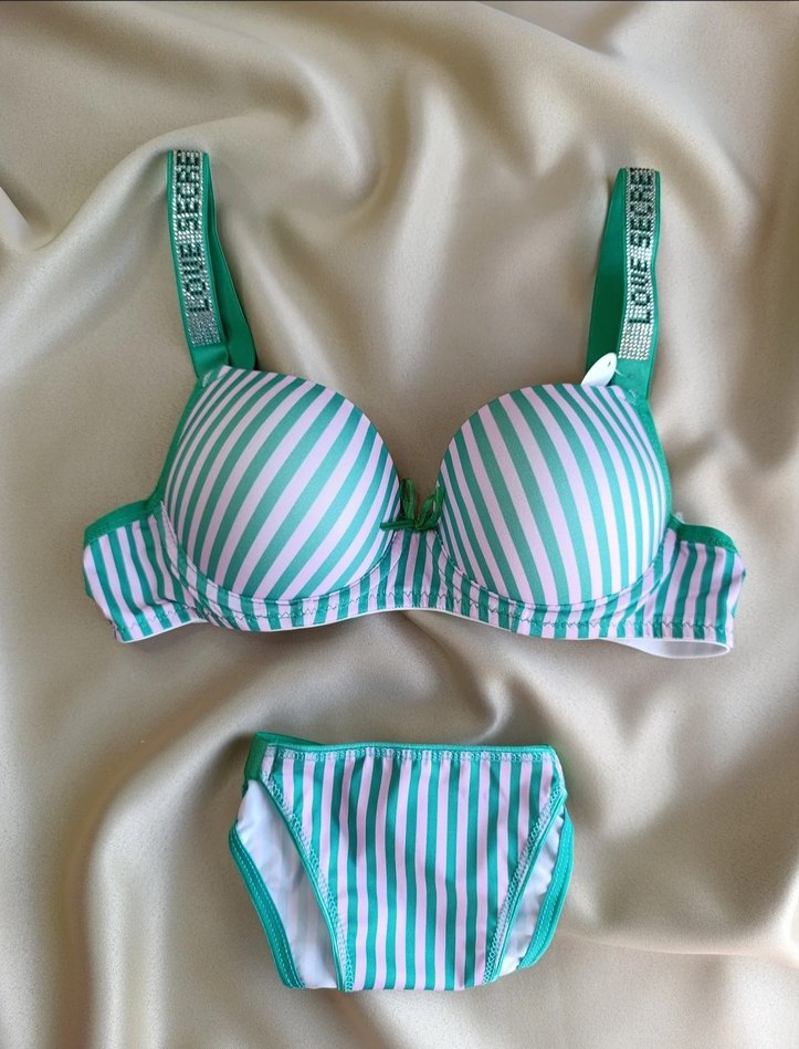 Renkli Çizgili Yeşil Sütyen ve Külot Takımı - Görsel 3