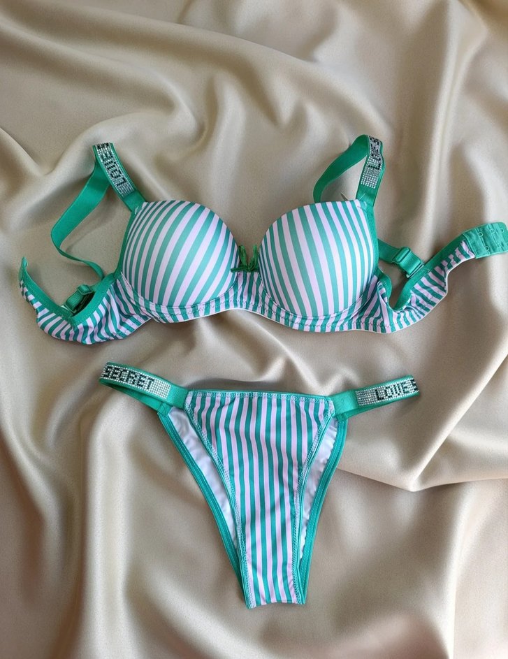 Renkli Çizgili Yeşil Sütyen ve Külot Takımı - Görsel 2
