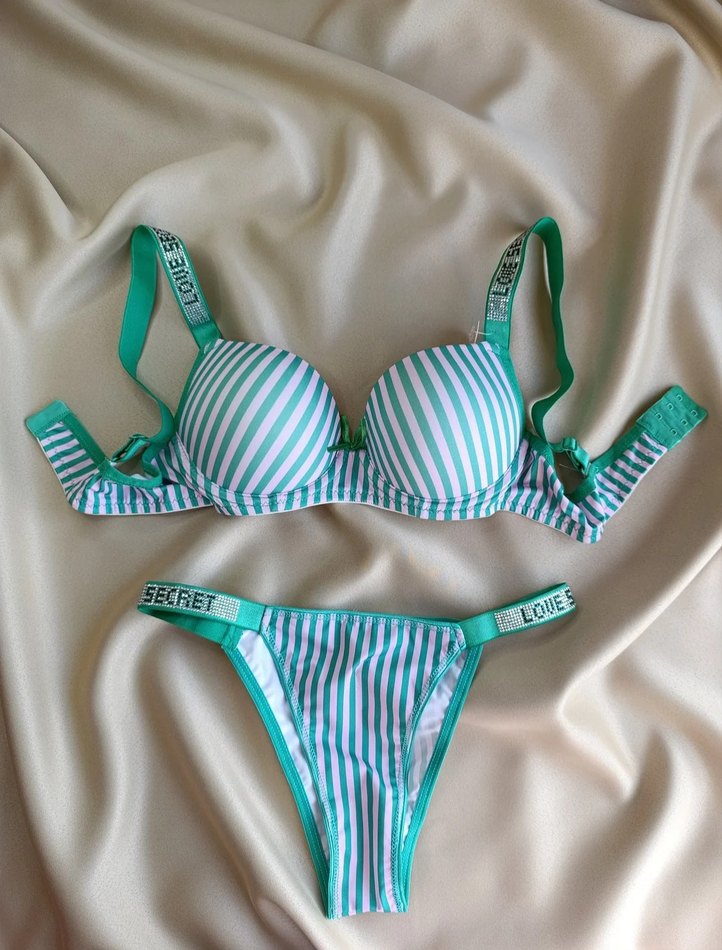 Renkli Çizgili Yeşil Sütyen ve Külot Takımı - Görsel 4