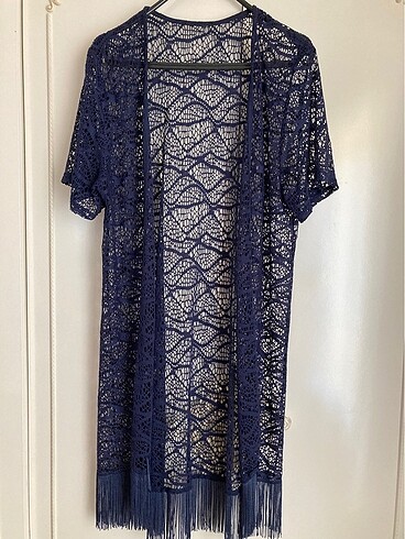 Kimono, lacivert, Püsküllü file, dantel yelek, plaj elbise