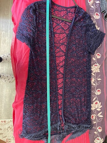 diğer Beden Kimono, lacivert, Püsküllü file, dantel yelek, plaj elbise