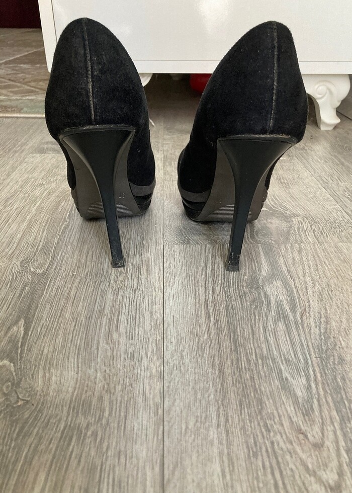 Siyah topuklu ayakkabı, süet, nubuk - Görsel 3