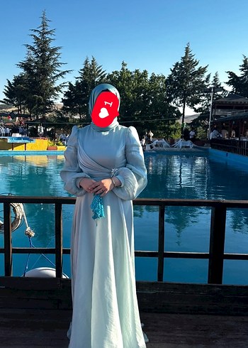 Abiye Uzun Su Yeşili Drapeli Tesettür Abiye