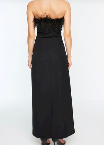 Siyah Uzun Straplez Drapeli Kadın Elbise - Görsel 3