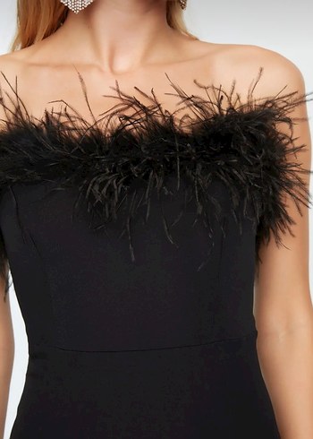 Siyah Uzun Straplez Drapeli Kadın Elbise - Görsel 2