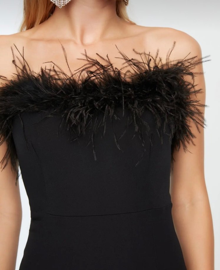 Siyah Uzun Straplez Drapeli Kadın Elbise - Görsel 2