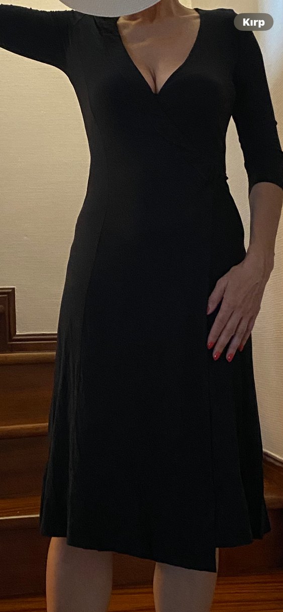 Siyah V Yaka  Anvelop Kadın Elbise - Görsel 4