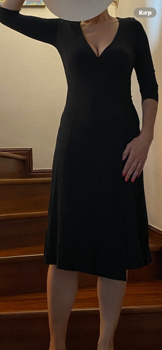 Siyah V Yaka  Anvelop Kadın Elbise - Görsel 2