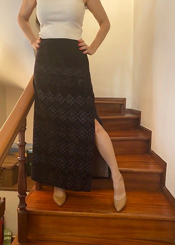 Kadife, koyu kahve rengi, astarlı uzun etek - Görsel 2