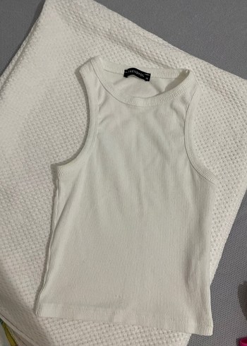xs Beden Kadın Beyaz Yüksek Yakalı Kolsuz Crop Top