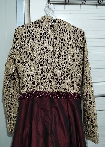 Bordo İşlemeli Uzun Kollu Abiye Elbise - Görsel 6