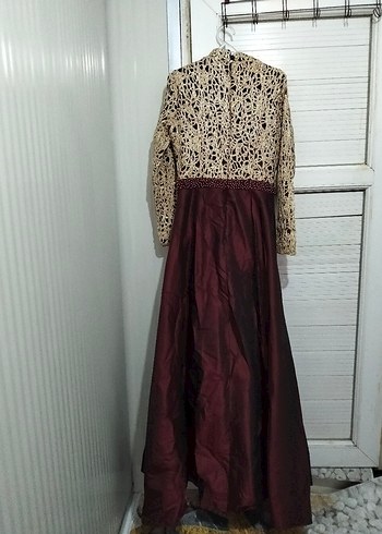 Bordo İşlemeli Uzun Kollu Abiye Elbise - Görsel 5