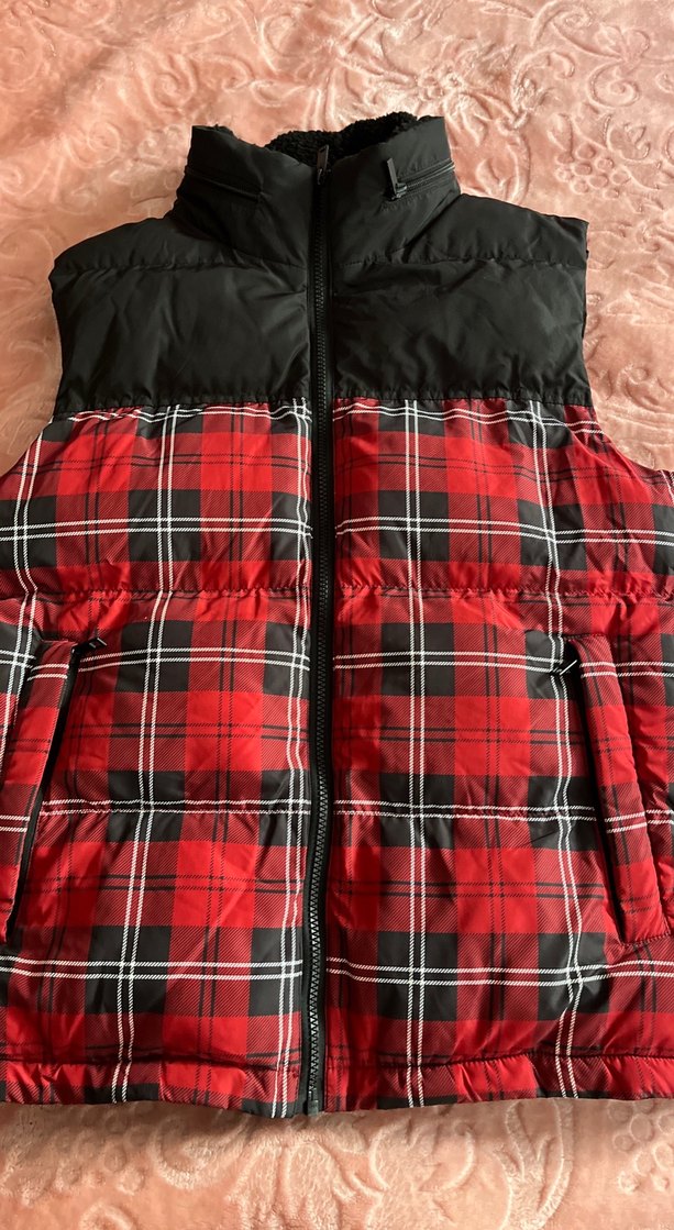 Kırmızı Ekose Desenli Kadın Şişme Yelek - Görsel 4