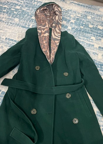 Çift Düğmeli Kemerli Yeşil Kaban - Görsel 3