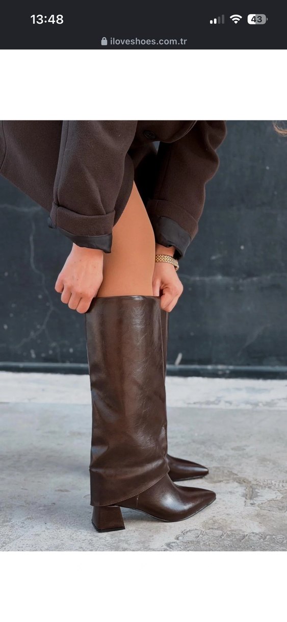 Kahverengi Deri Stiletto Topuklu Kadın Dizüstü Çizme - Görsel 3
