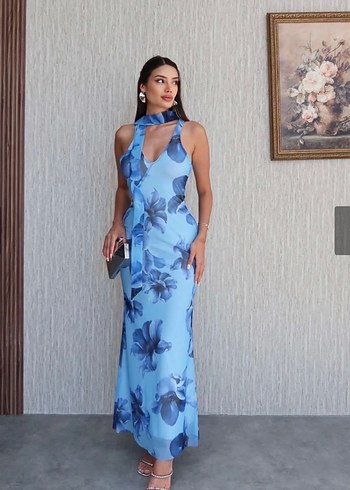 Mavi Drapeli V Yaka Uzun Elbise fularli - Görsel 5