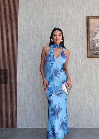 Mavi Drapeli V Yaka Uzun Elbise fularli - Görsel 3