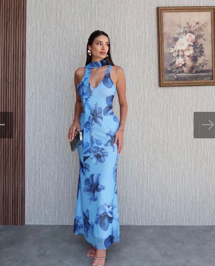 Mavi Drapeli V Yaka Uzun Elbise fularli - Görsel 5