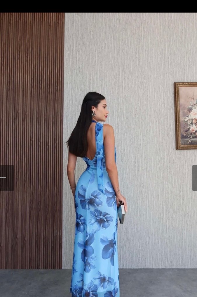 Mavi Drapeli V Yaka Uzun Elbise fularli - Görsel 4