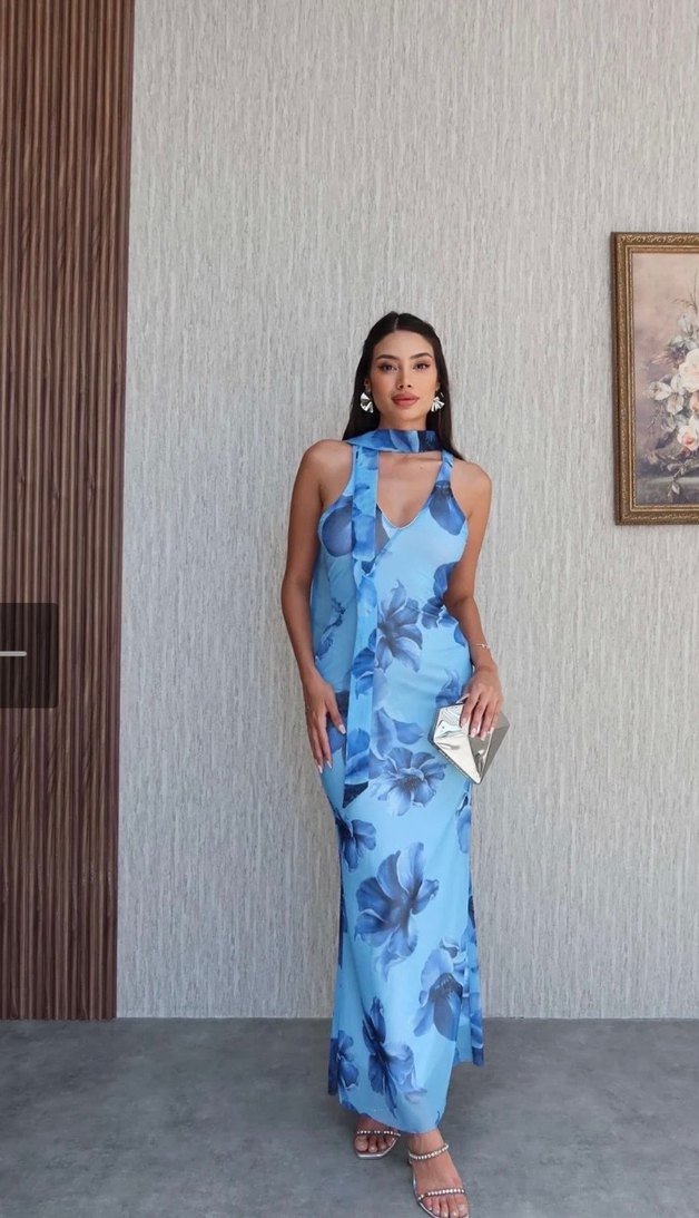 Mavi Drapeli V Yaka Uzun Elbise fularli - Görsel 3