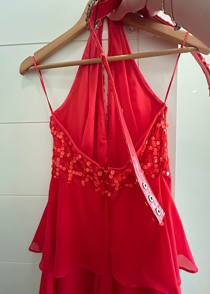 adL Cengiz Abazoğlu tasarım kırmızı/turuncu elbise - Görsel 2