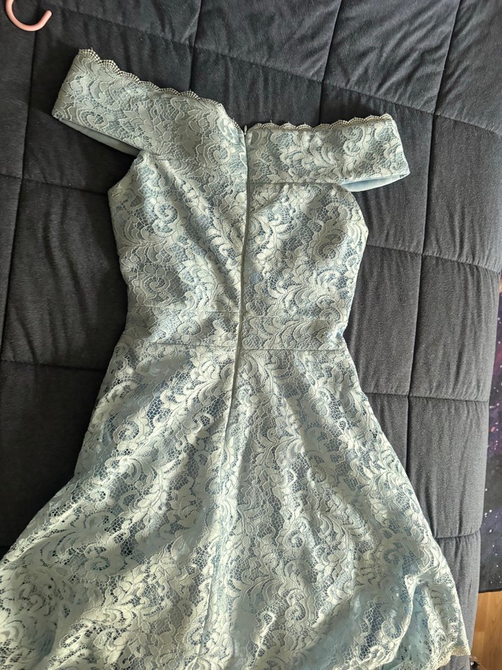 Mavi Dantelli önü kısa arkası uzun düşük kol elbise - Görsel 2