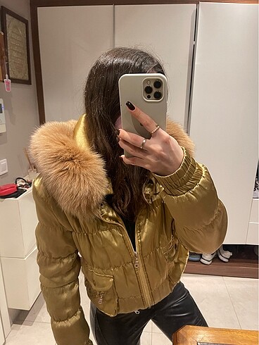 Parlak gold Tüylü mont