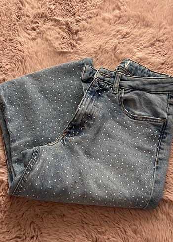 Bershka Tasli Koyu Mavi Denim Jean