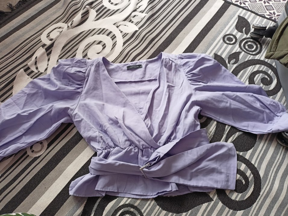 Mor V Yakalı Kuşaklı Midi Bluz - Görsel 2