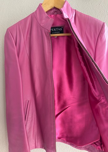 Pembe Kadın Deri Ceket, Fermuarlı, Normal Boy - Görsel 2