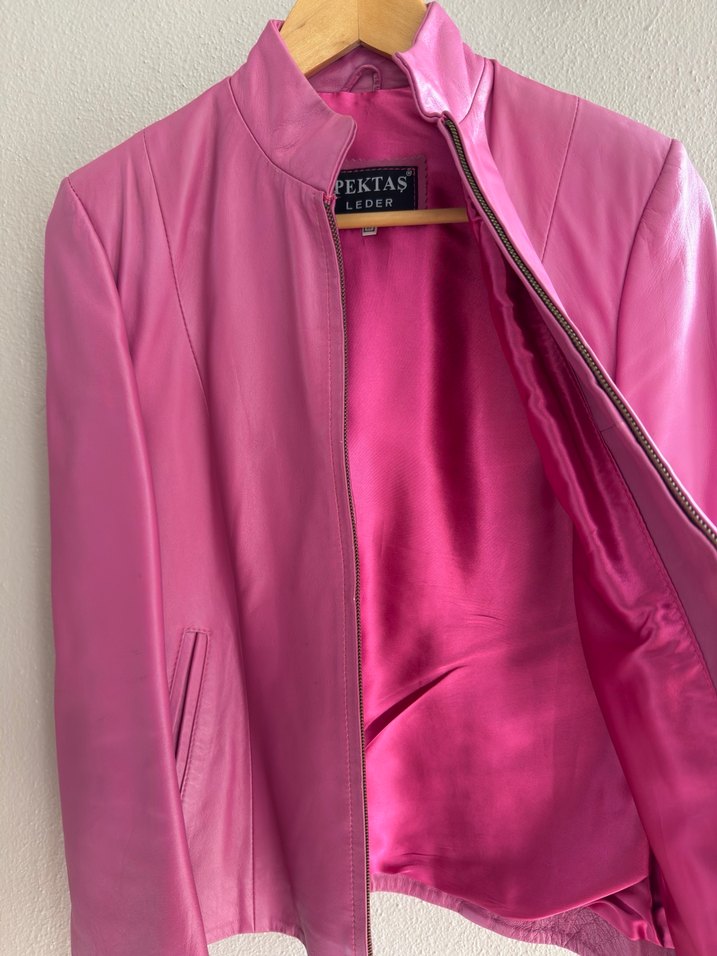 Pembe Kadın Deri Ceket, Fermuarlı, Normal Boy - Görsel 2