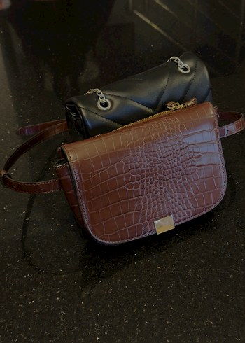 Mango Kahverengi Deri Yılan Desenli Tokalı Çanta - Görsel 2